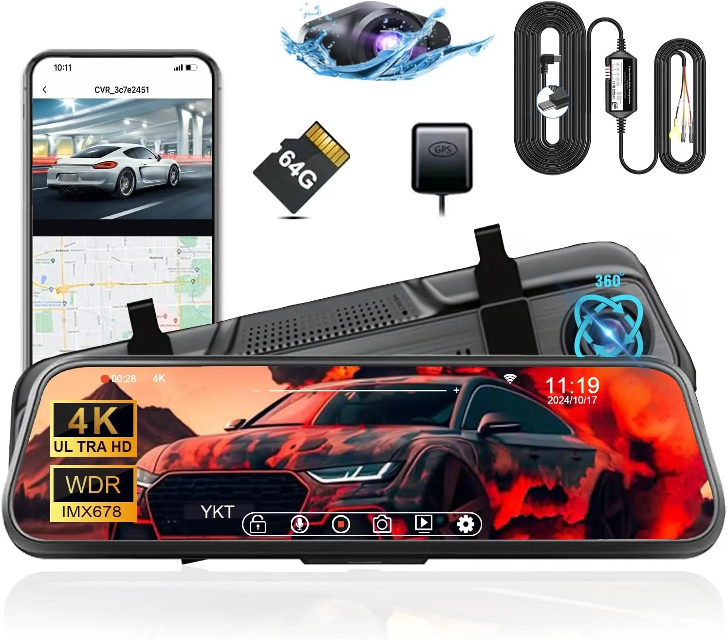 كاميرا مرآة 4K/2K، Starvis2 IMX678 كاميرا مرآة الرؤية الخلفية للسيارة مع بطاقة 64 جيجابايت مع مجموعة الأسلاك الصلبة للكاميرا #1