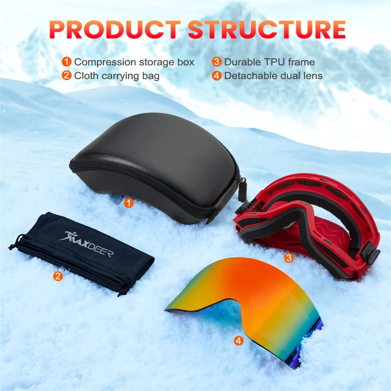 Gafas de esquí y Snowboard para hombres y mujeres, gafas de esquí OTG, protección UV400, antivaho, visión amplia, gafas magnéticas para nieve, Doble