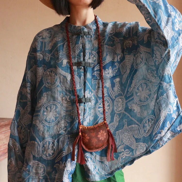 女性リネン中国風のヴィンテージシャツバットスリーブプリント花春ブラウス 2024 新しいボタン高品質ルーズ女性シャツ