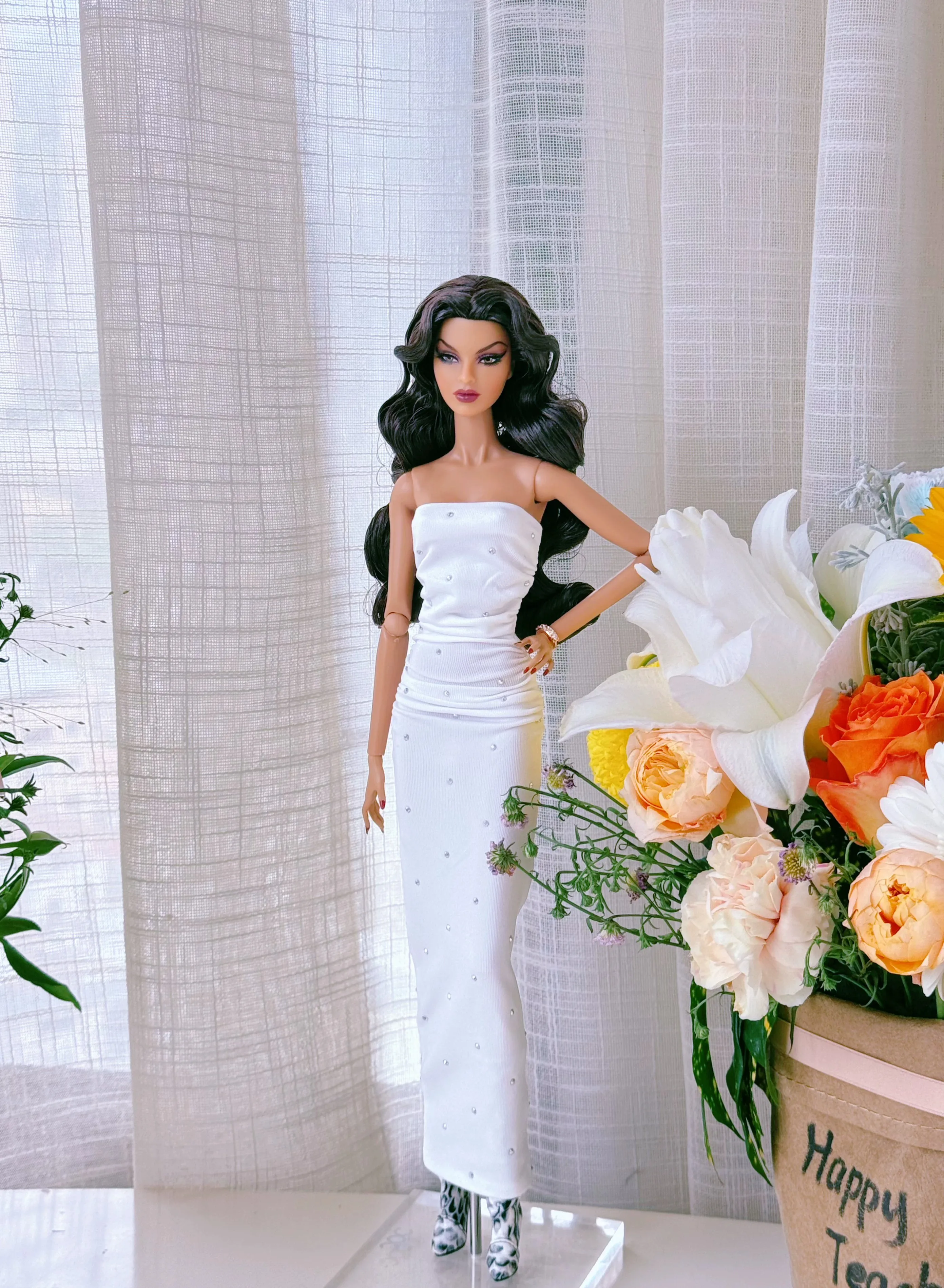 1/6 Doll Clothes Accessories Elegant White Evening Gown + Luxurious Feather Shawl For 30cm FR Babi Supermodel Doll Dress Up