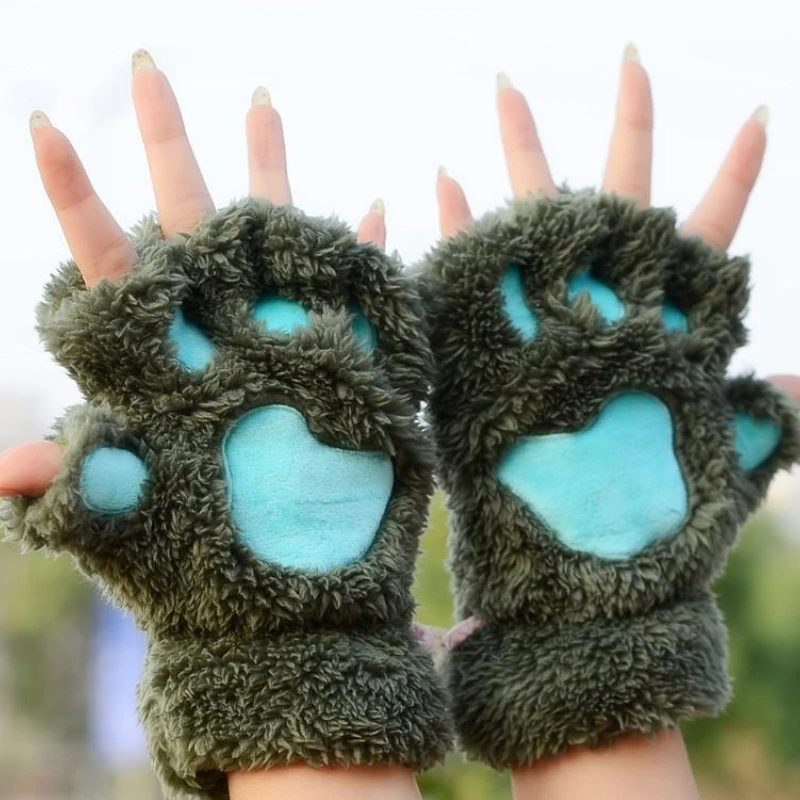 Kawaii Women Cat Gloves Fashion Girls Cat Claw Paw Plush Mittens Warm Soft Plush Short Fingerless Half Finger Winter Gloves