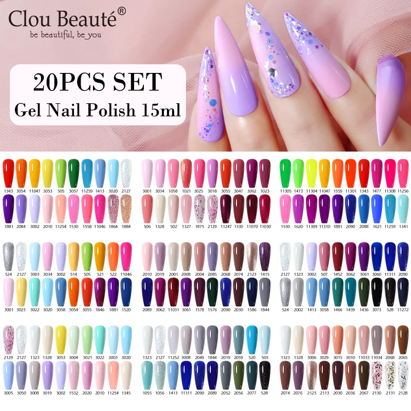 Clou Beaute Groothandel 20 stks/set Glitter Gel Lak Kit Voor Manicure Semi-Permanente Hybride Vernissen Basis En Top Nail Art