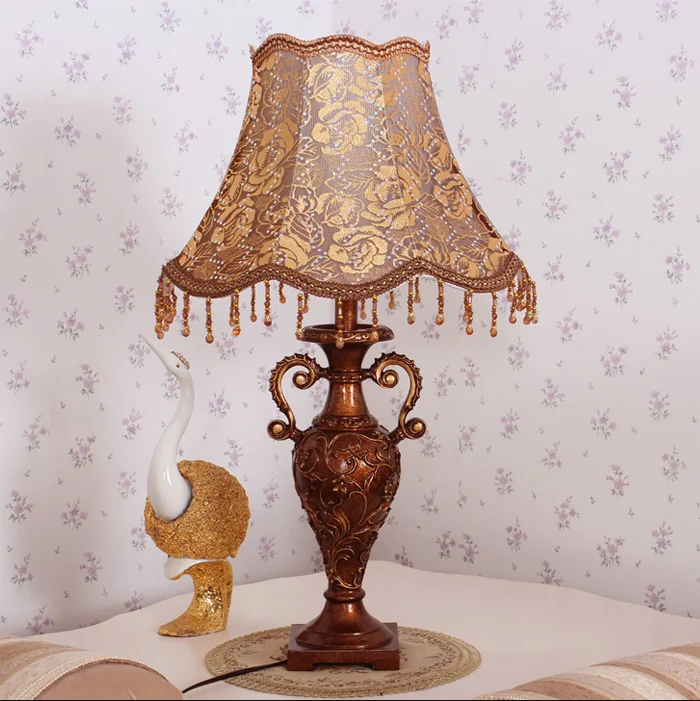 

European romantic fabric large Table Lamps Vintage resin carved E27 LED dimming bedside lamp for bedside&narrow table ZLTD009