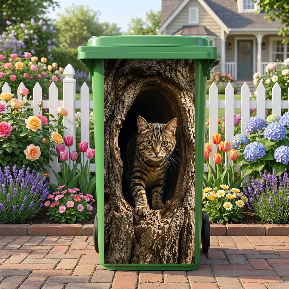 3D Cat Tree Hole Sticker Trash Can Sticker Self Adhesive Wild Animal Outdoor Garbage Sticker House Fridge Bin Art Mural Decals