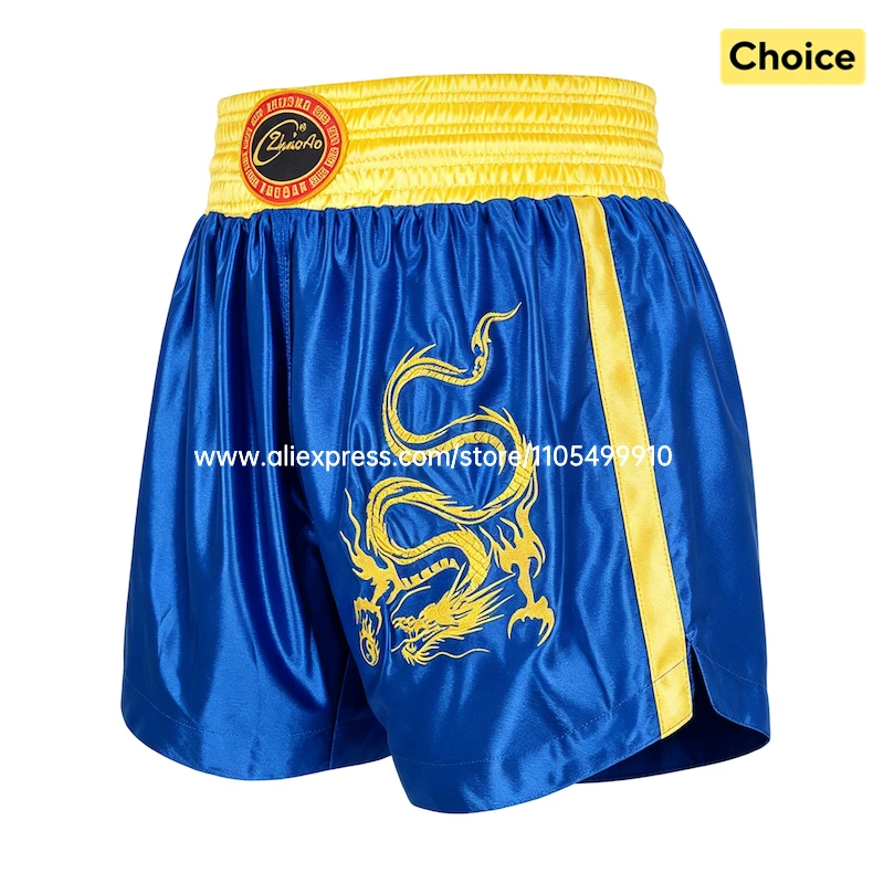 Herren Damen Kinder Sanda Muay Thai Shorts mit Drachen-Stickerei Satin Boxershorts Atmungsaktive Kickboxen MMA Cage Fight Trainingsshorts