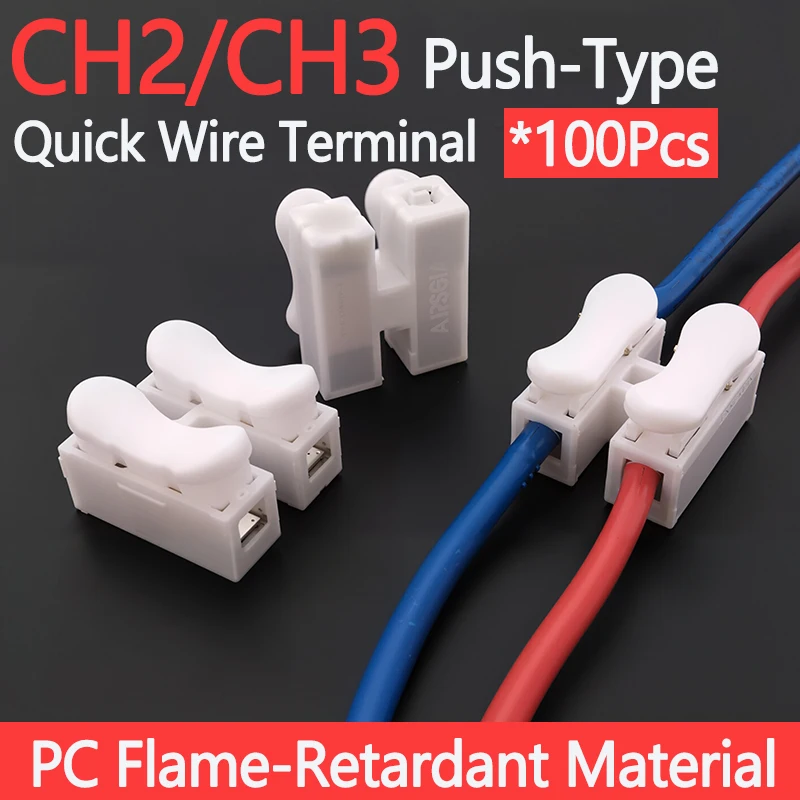 

100Pcs CH2 CH3 5A 250V Wire Connector 2Pin 3Pin Spring Loaded Terminal Block for Lighting Electrical Projects Flame Retardant