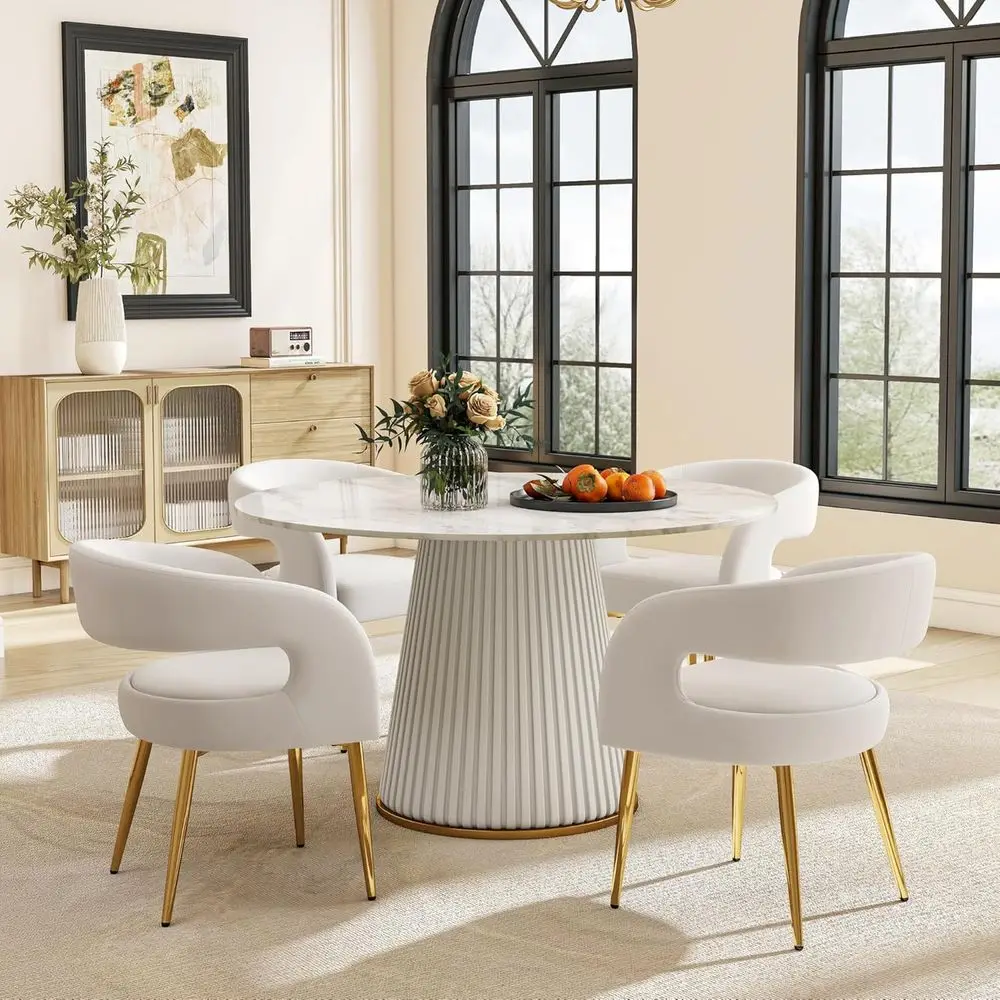 

Luxury Modern Upholstered Barrel Chairs Set of 4, White & Gold Dining Armchairs for Kitchen & Restaurant