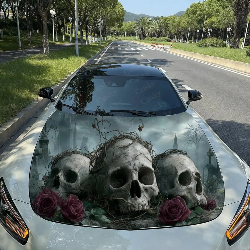 

Dark Romantic Skulls & Roses Cemetery Car Vinyl Wrap, PVC Waterproof Car Hood Sticker, Self-Adhesive Scratch-Resistant Stickers