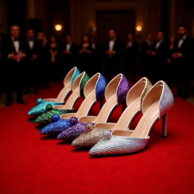 Independent station ins fashion catwalk stiletto color hot diamond gradual change women's single shoes sandals BlingBling