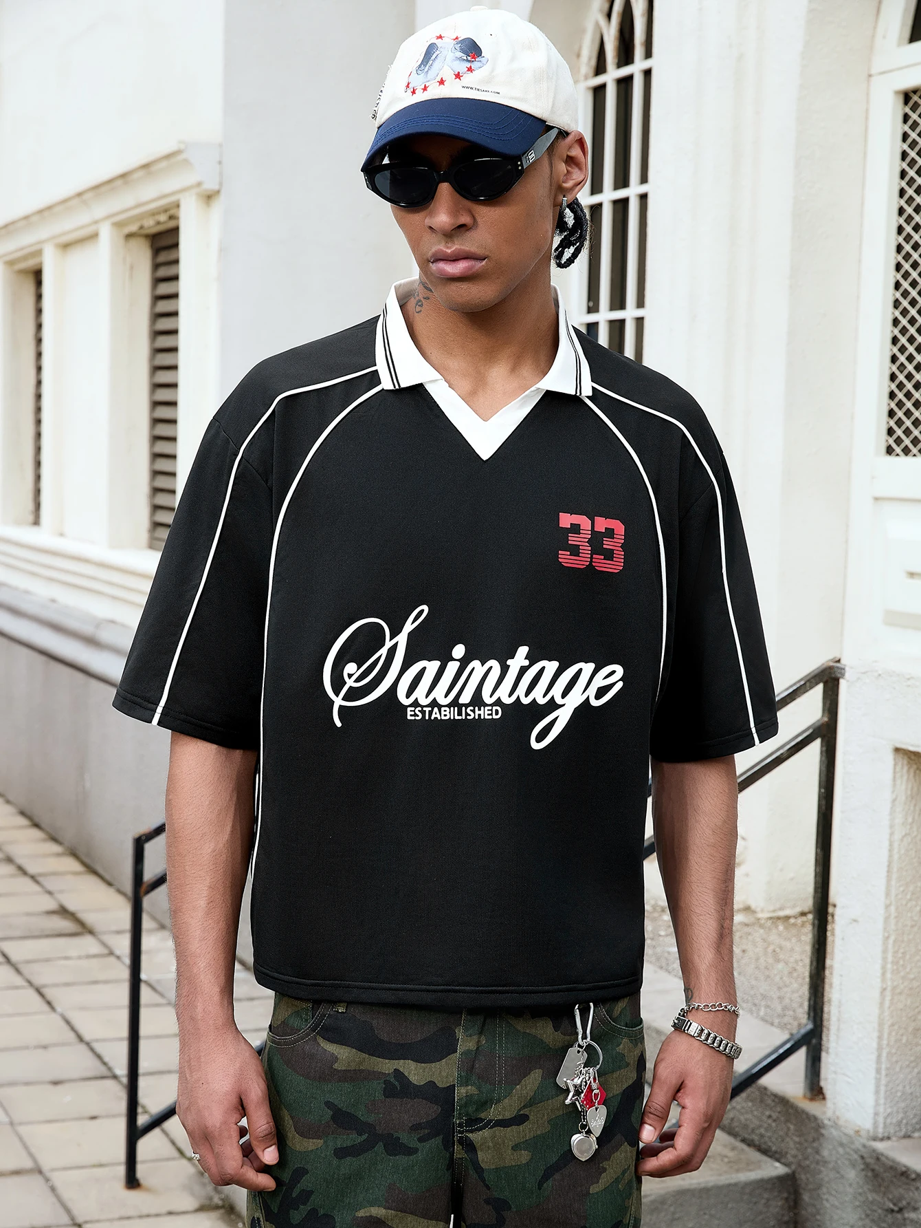 Men's Vintage Soccer Jersey Style T-Shirt Black White Collar 33 Graphic Print Oversized Loose Fit Casual Street Short Sleeve Top