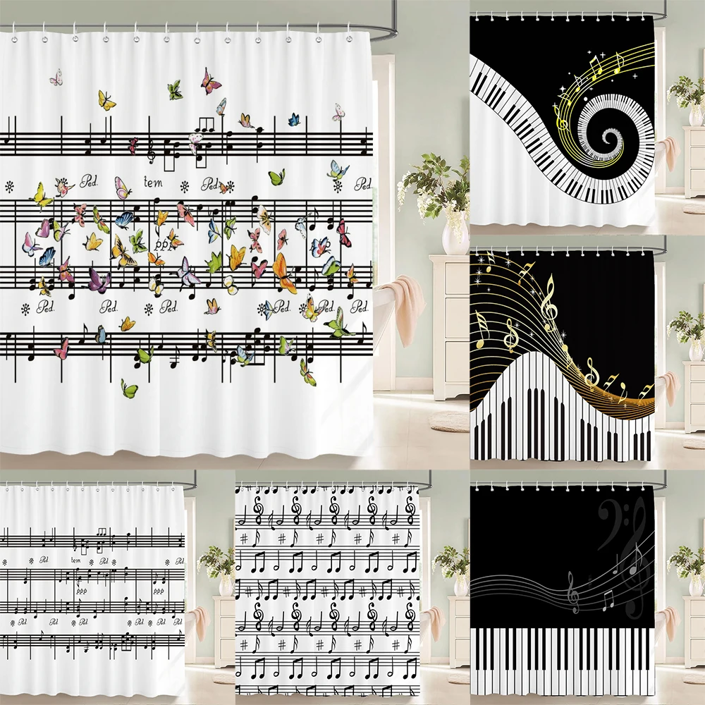 

Butterfly Music style Shower Curtain Fantasy Art Musical Note Waterproof Fabric Bathroom Curtain Room Decor Curtains With Hooks