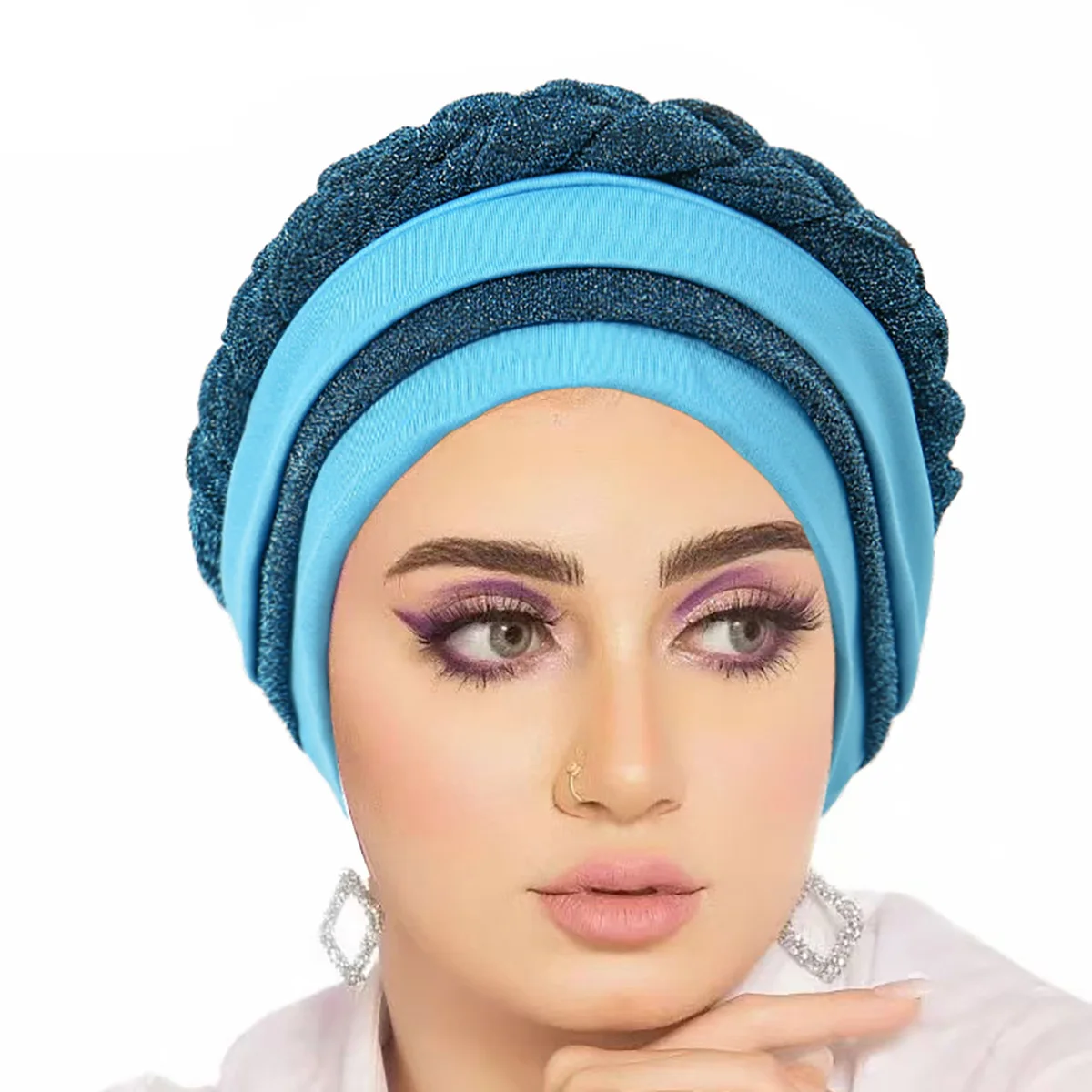 New Women's Bright Silk Braid Milk Silk Headscarf and Hat with Hidden Hair Two-color Muslim Headscarf and Hat Beanie Hats