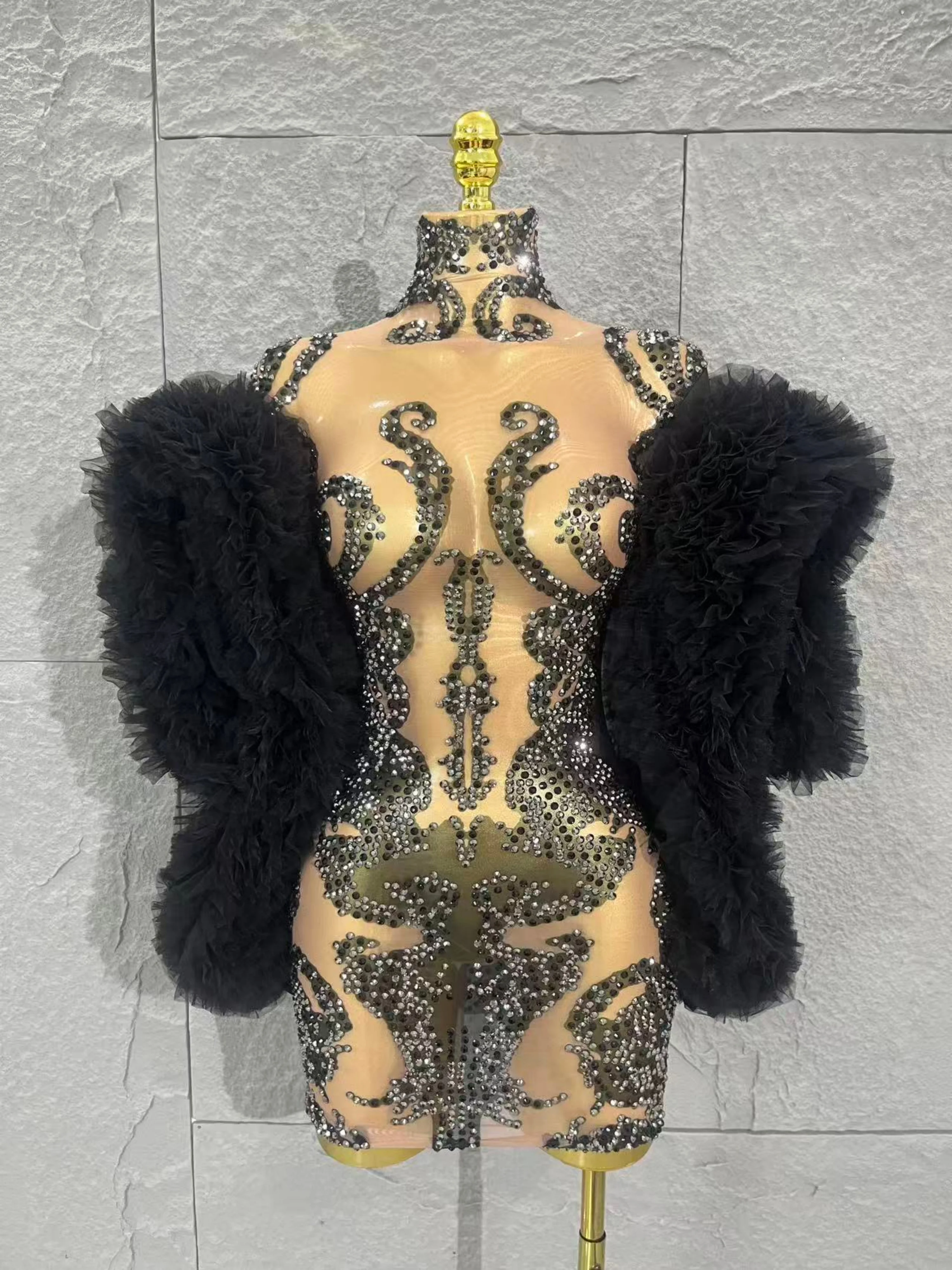 

Luxurious Printed Rhinestones Long Puff Sleeve Bodycon Mesh MiniDress Evening Club Party Nightbar Stage Performance Costume