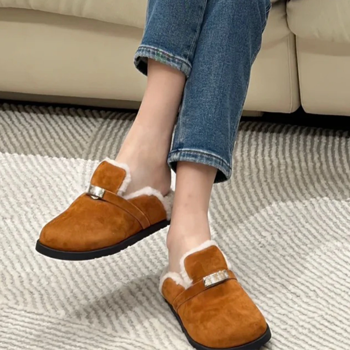 NIGO Women's Men's Fashionable Sheepskin Mule Shoes Autumn And Winter Fashion Casual Hundred Slippers Thick Bottom 3cm #NGSH1572