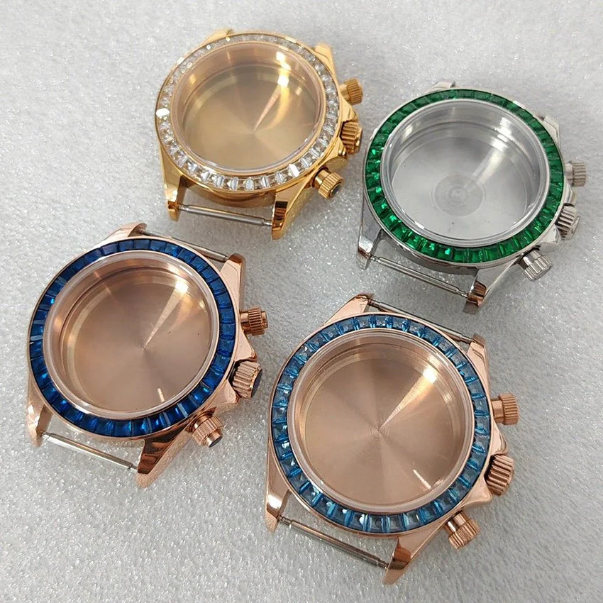 

39mm VK63 Watch Case with Sapphire Glass Stainless Steel Case with Rhinestone Crystal Bezel Men's Watch for VK63 Quartz Movement