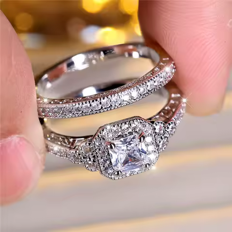 Female White Zircon Stone Engagement Ring Set Cute Silver Color Wedding Jewelry For Women