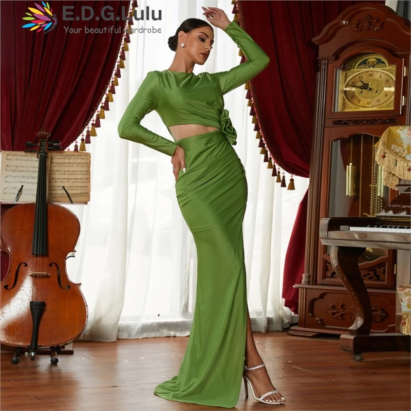 EDGLuLu O Neck Long Sleeved Evening Dresses Woman Waist Hollow Splicing 3d Flowers Side High Slit Long Green Party Dresses 1204