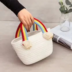 Fashion Rainbow Cotton Rope Woven Bag Handbag Handmade Desktop Storage Basket Cosmetic Organizert Box