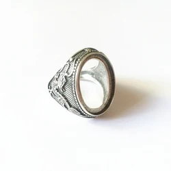 Adjustable Thai Sterling Silver Men's Ring Setting Cabochon Ring Blank with Dragon Carved (15x20mm Oval Blank)