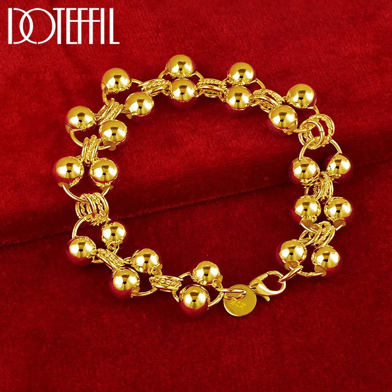 DOTEFFIL 24K Gold Round Smooth Full Bead Ball Bracelet Chain For Women Wedding Engagement Party Fashion Jewelry