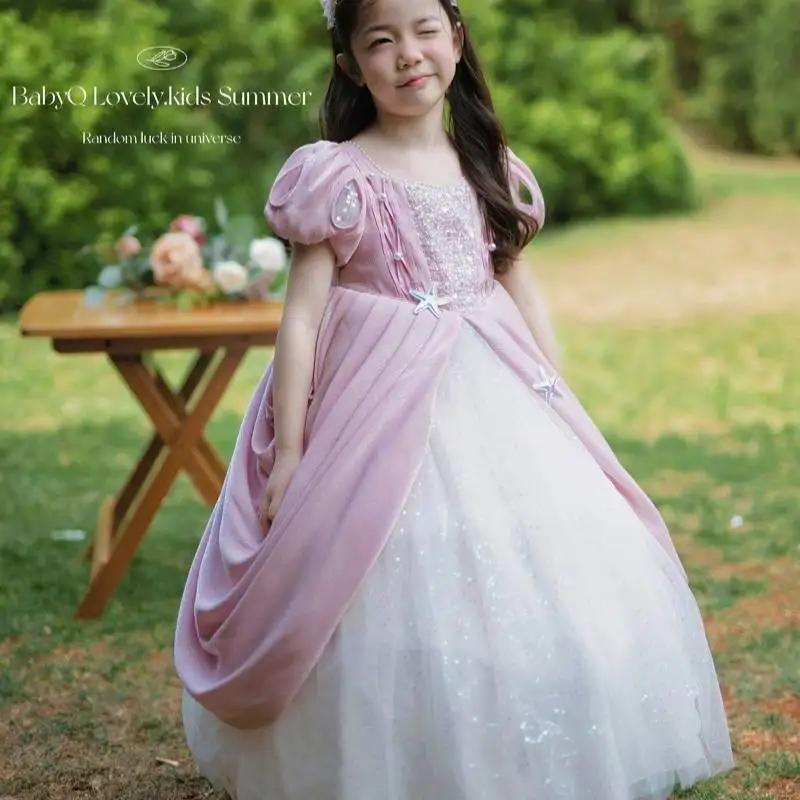 Mermaid Princess Girls Long Dress Puff Short Sleeve Kids Pink Starfish Decor Party Dress Children Birthday Photography Dress