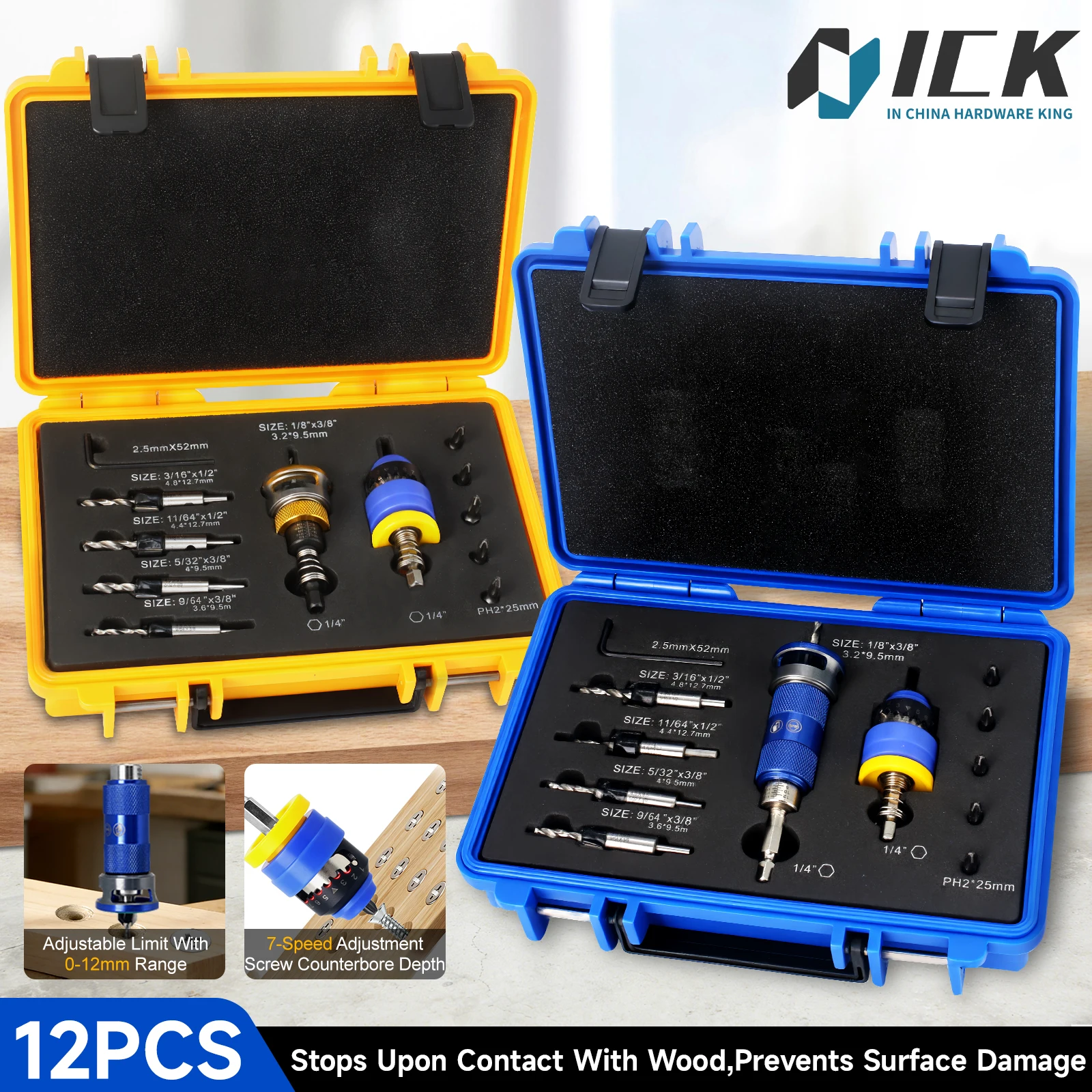 

7-скоростной регулируемый ограничитель глубины, набор сверл с зенковкой с автоматической остановкой, 12 шт., насадки из карбида вольфрама, набор для крепления древесины