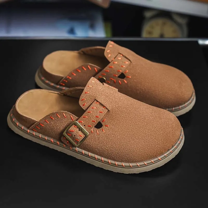 Mules Men Half Slippers Plus Size Leather Men Casual Shoes Breathable Lightweight Walking Shoes Backless Loafers Slip On Shoes