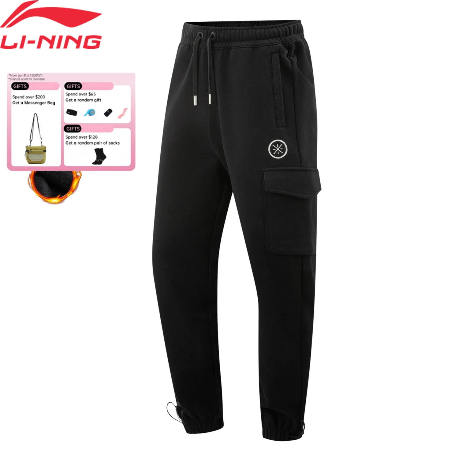 

Li-Ning Men's Wade Pants WARM AT Winter Fleece Loose Fit 74%Cotton 26%Polyester LiNing Comfortable Trousers AKLV785