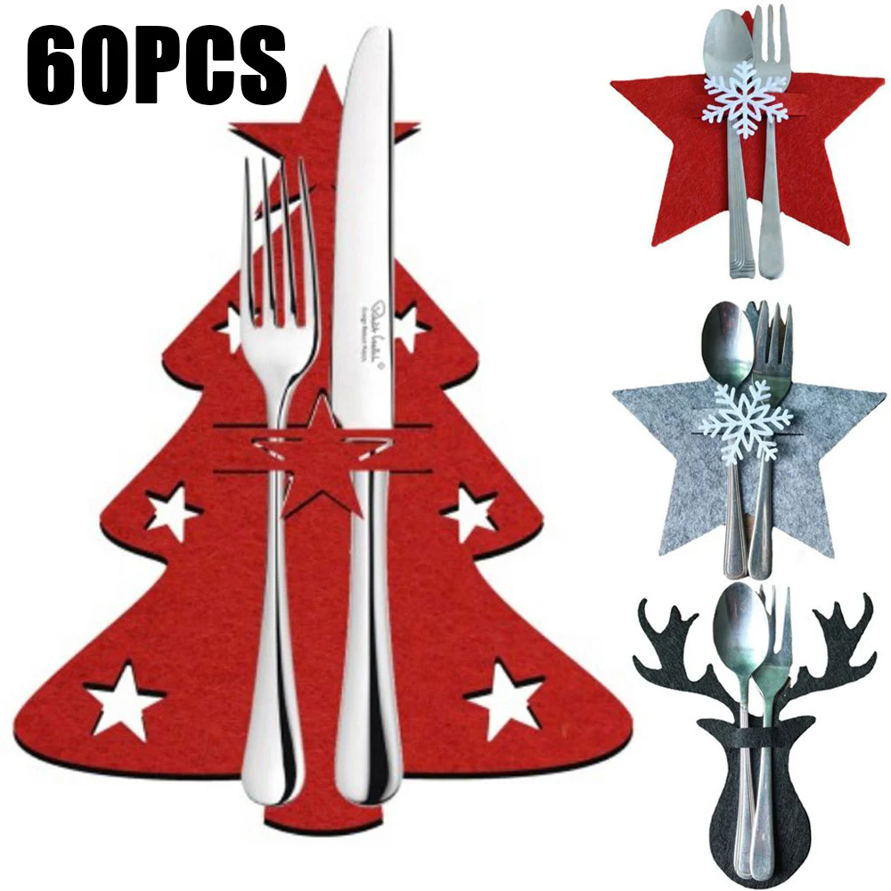 60Pcs Christmas Cutlery Holder Knife Fork Pocket Bag Tableware Cover Stars Tree Elk New Year Xmas Party Dinner Table Decoration