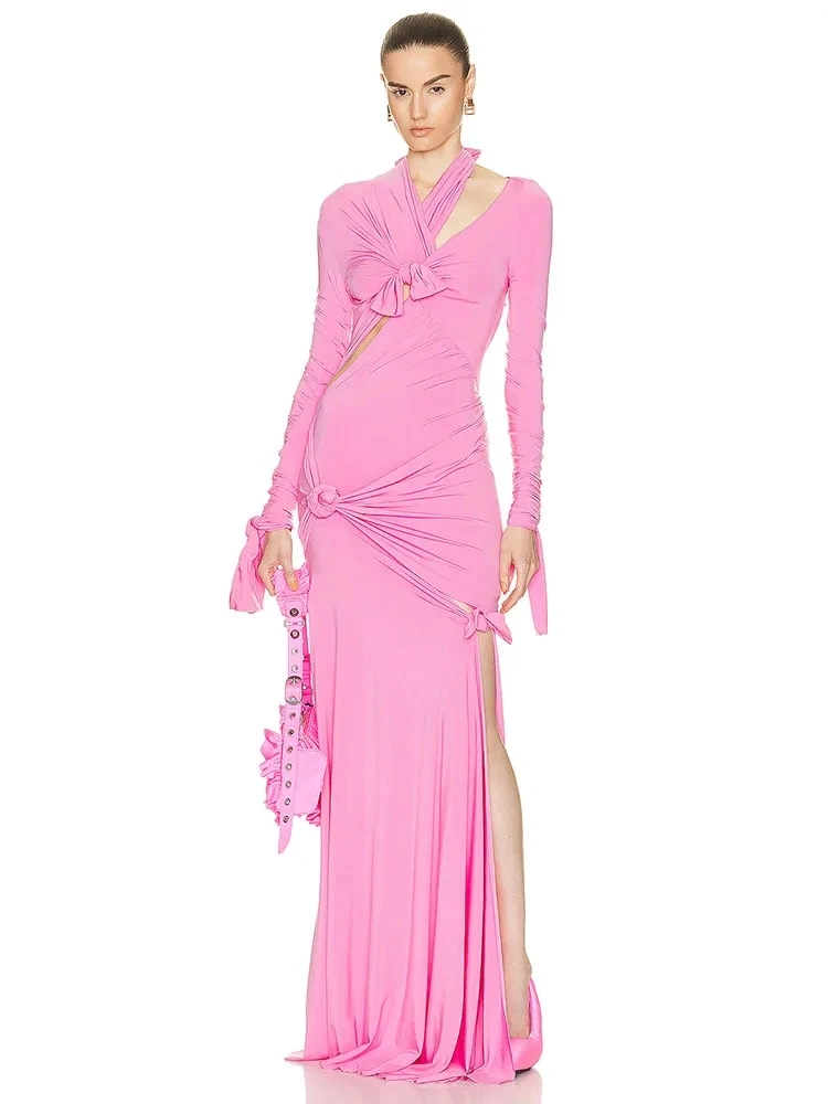 Modphy 2024 New Women Sexy bow Cutout design Long Sleeve Tight Side Slit Elegant Party Club Evening Pink Maxi Vestidos Gown