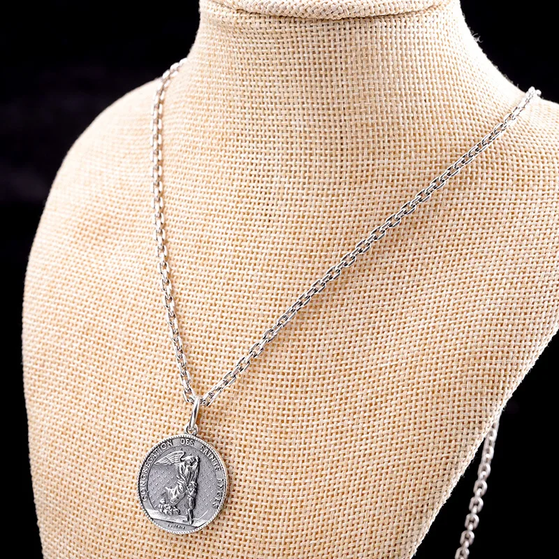 BOCAI S925 Silver Jewelry Fashion Silver Saint Michael Archangel Saint Michael Guardian Angel Round Pendant for Men and Wommen