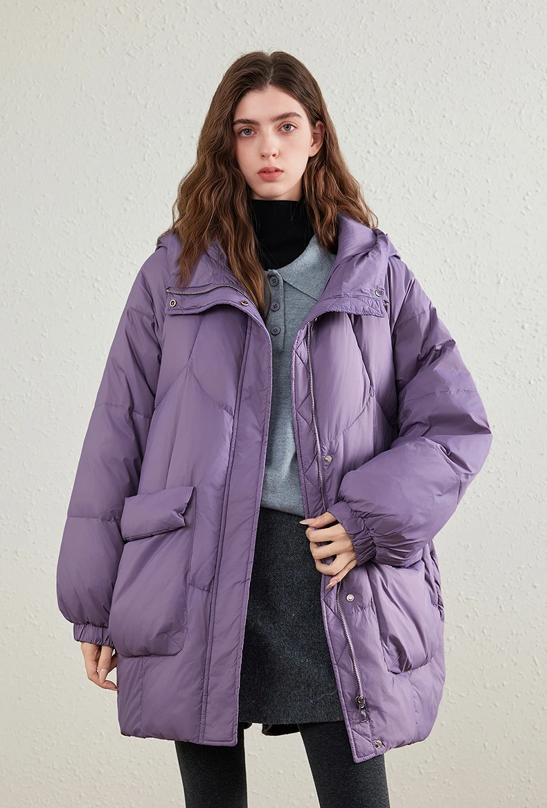 TOYOUTH Womens Down Jacket 2026 Winter New 90 White Duck Down Purple Hooded Large Pocket Warm Long Outerwear