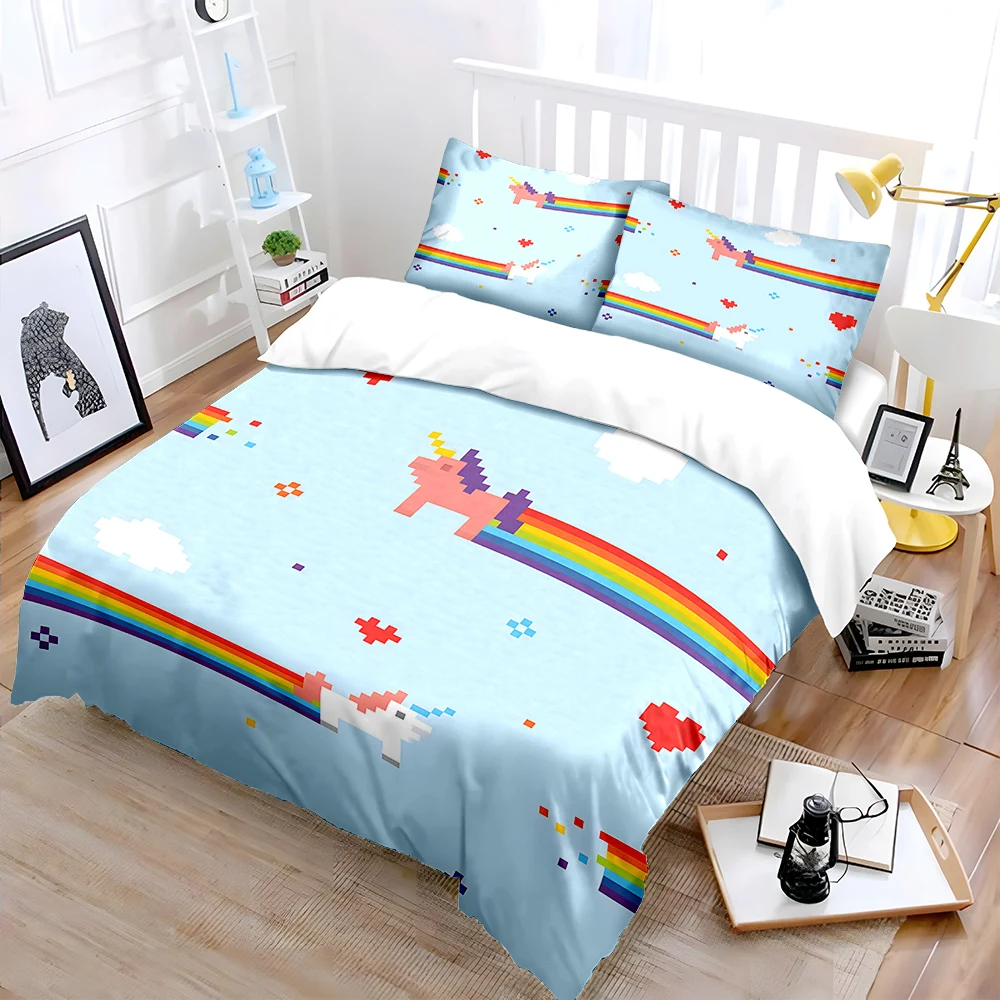 Pixel unicorns with rainbow backdrop Print Bedding Set 1 Duvet Cover 2 Pillowcases for Adult and Children Luxury Gift Full Size