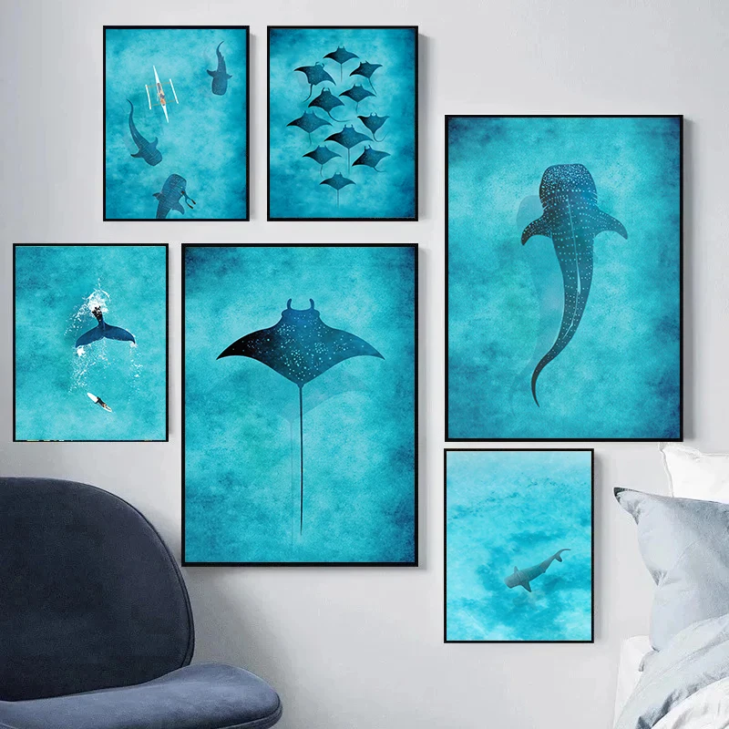 Blue Watercolor Ocean Marine Organism Whale Shark Manta Rays Poster Sea Beach Surf Canvas Painting Wall Art for Room Home 