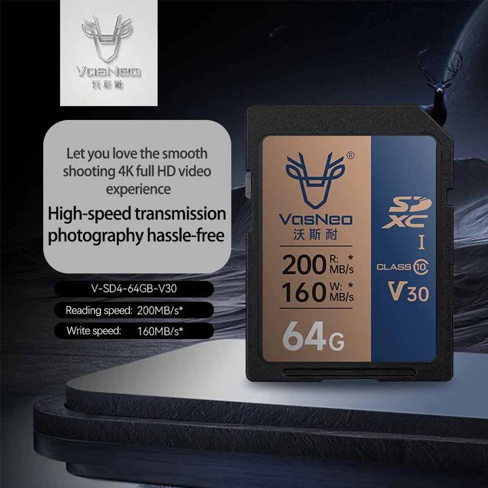 VasNeo SD4.0 V30 64G 128G 256G Memory Card High Speed Transfer UHS-I SD Storage Card to Capture 4K HD Video for Camera