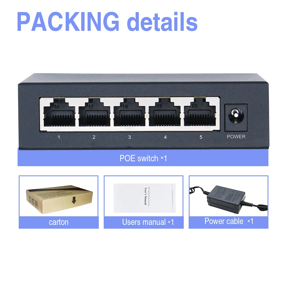 OPTFOCUS 1000M GIGABIT POE Switch 5 Ports PoE 48V 15W 30W 802.3af 802.3at Ethernet hub splitter Active Ethernet for CCTV cameras