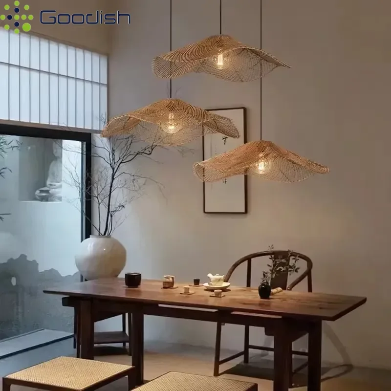 Minimalist Retro Wicker Rattan Straw hat shaped LED Pendant Lights Art Indoor Lamps for Living Room Home Decoration Chandeliers
