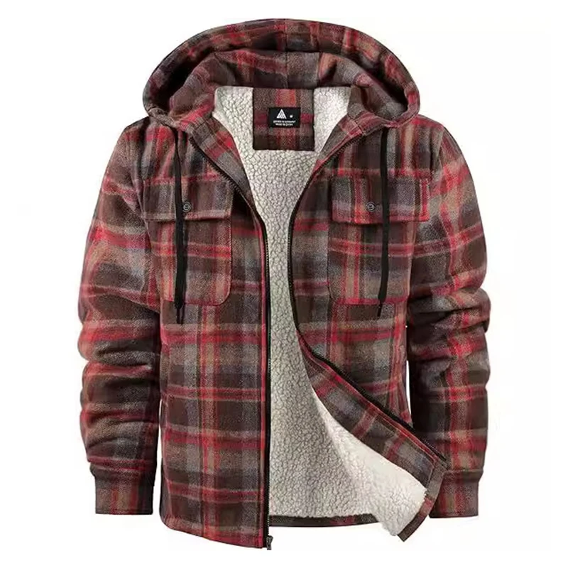 2024 Fall Winter Mens Warm Outerwear Fleece Lining Flannel Plaid Coats For Men Stylish Long Sleeve Zipper Hooded Jacket Men Coat