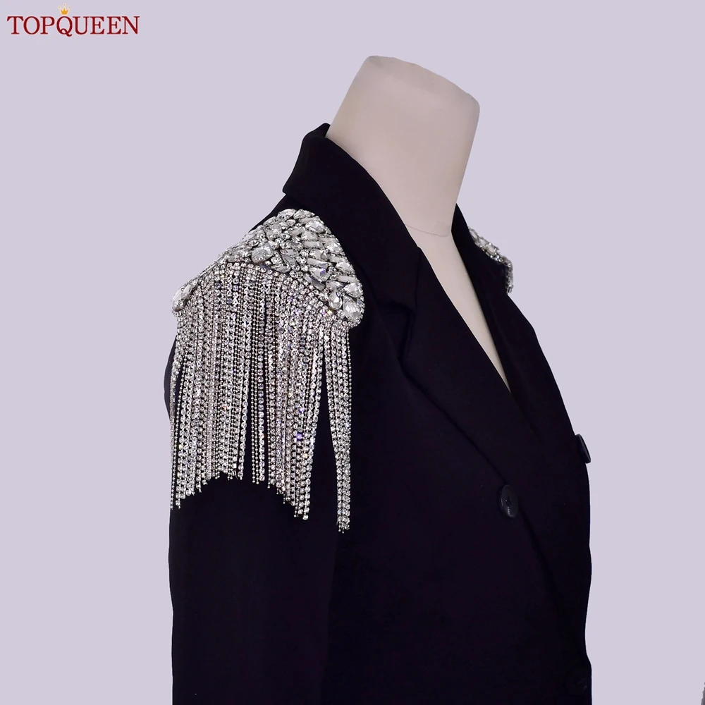 TOPQUEEN Rhinestone Tassel Shoulder Badge Shoulder Decoration Hot Glue Bottom Adhesive Applique Sewing Iron-On Suit Decoration