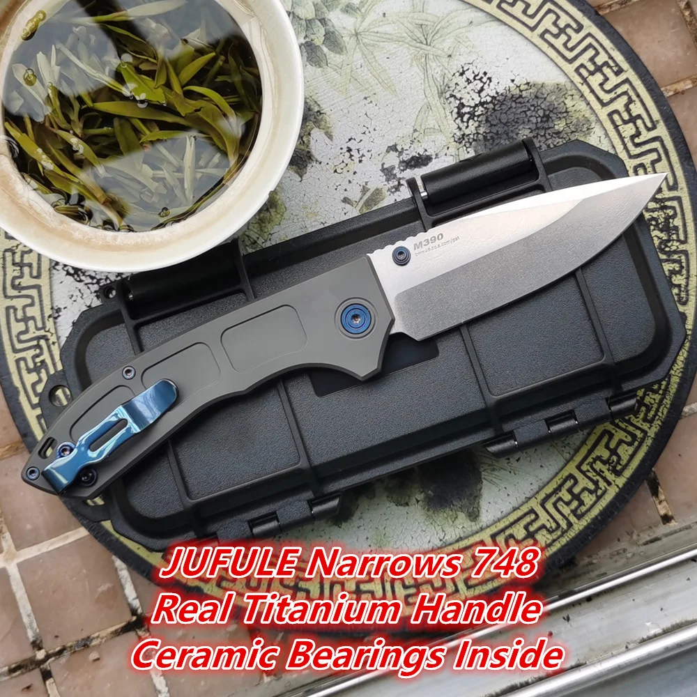 

JUFULE Narrows 748 Real Titanium Handle Ceramic Bearings Mark M390 Logo Tactical Pocket Camping Hunting EDC Tool Folding Knife