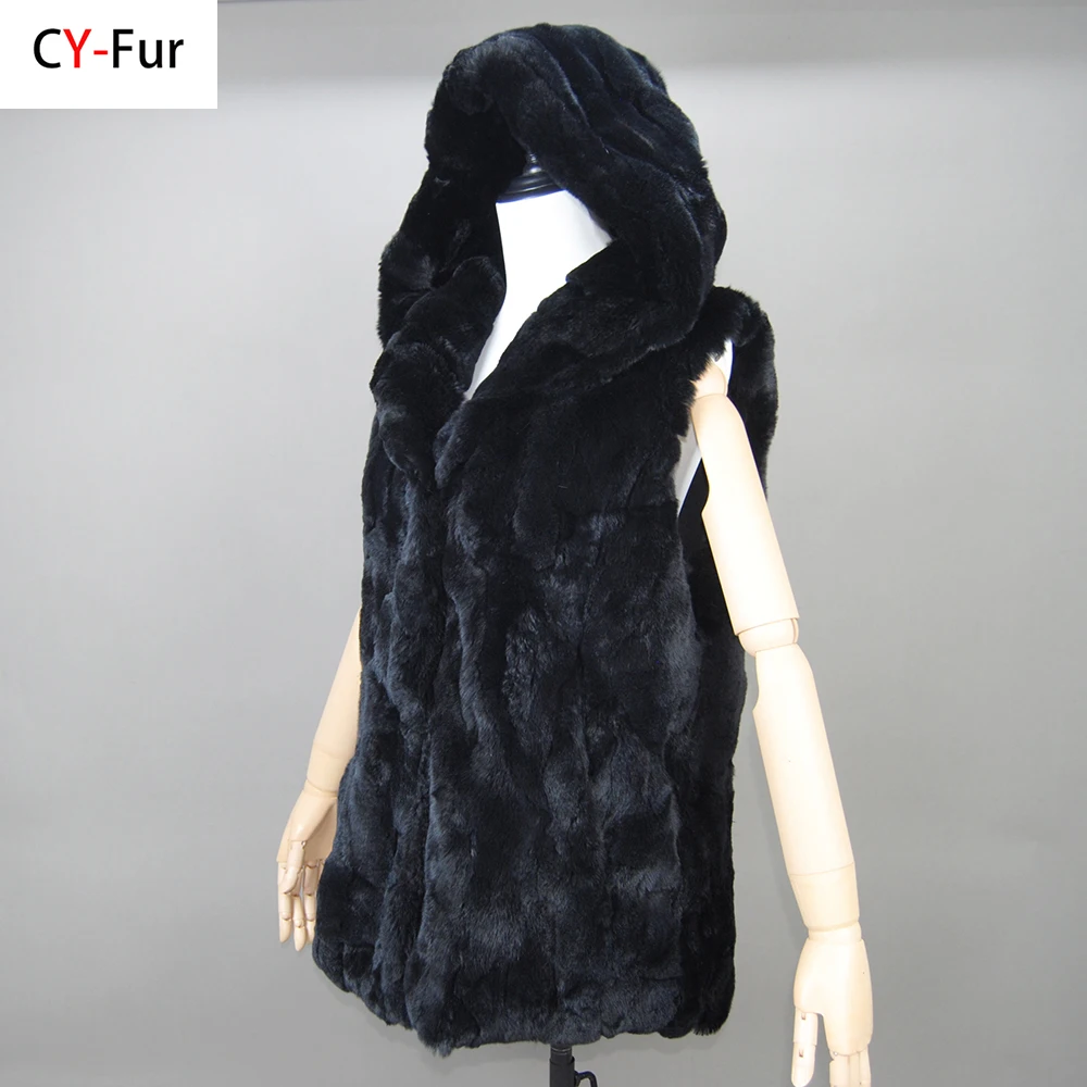 

Fashion Women Hooded Fur Coat Beige Rex Rabbit Fur Vest Sleeveless with Hood Winter Rex Rabbit Fur Waistcoat 100% Real Fur Vest