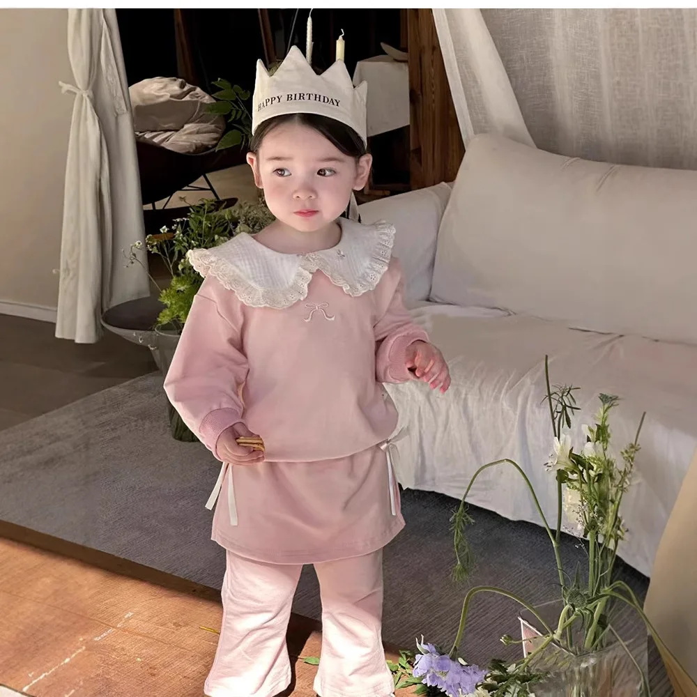 Korean Girls Set 2026 Spring Autumn New Sweet Lace Collar Hoodie Baby Girl Skirt Pants Two Piece Set