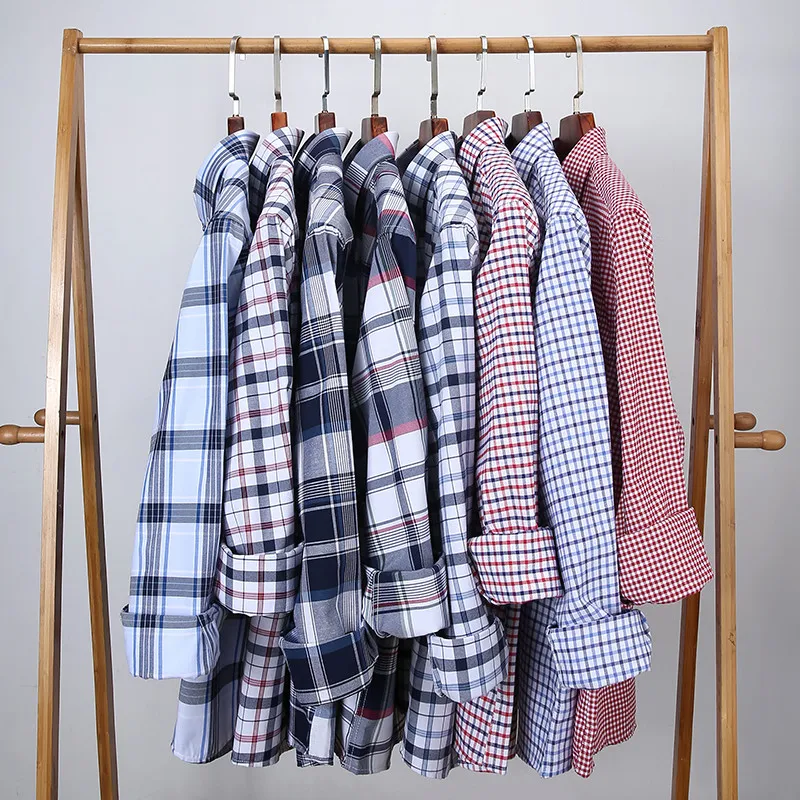 Casual Shirt Men Long Sleeve 7XL Oxford Solid Striped Plaid Shirt Men Long Sleeve Shirt Easy Care High Quality 100% Cotton