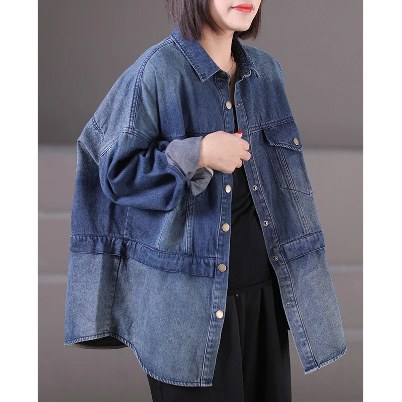 

Female new spring korean style plus size literary lapel stitching do-old loose casual denim shirt