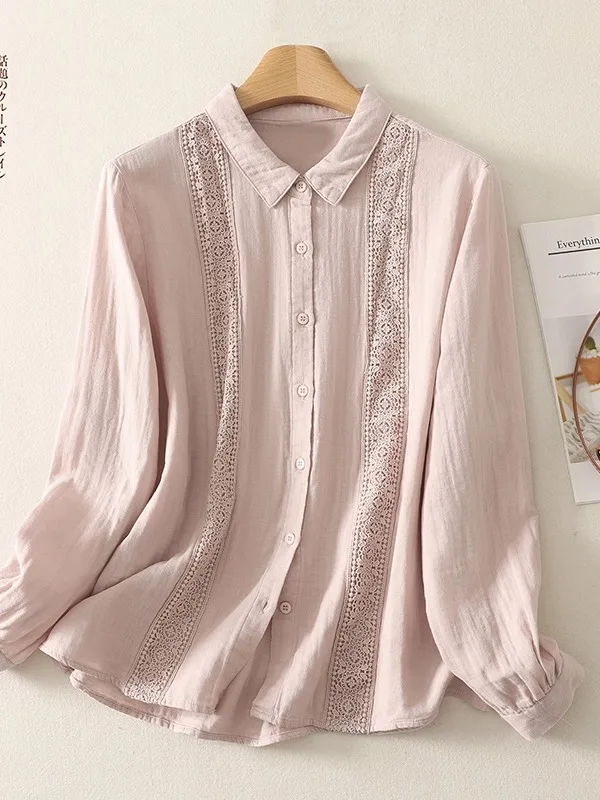 

Lace Trim Double Layer Cotton Long Sve Women's irt Loose Fit Base Layer Top Casual Sle Autumn New Arrival