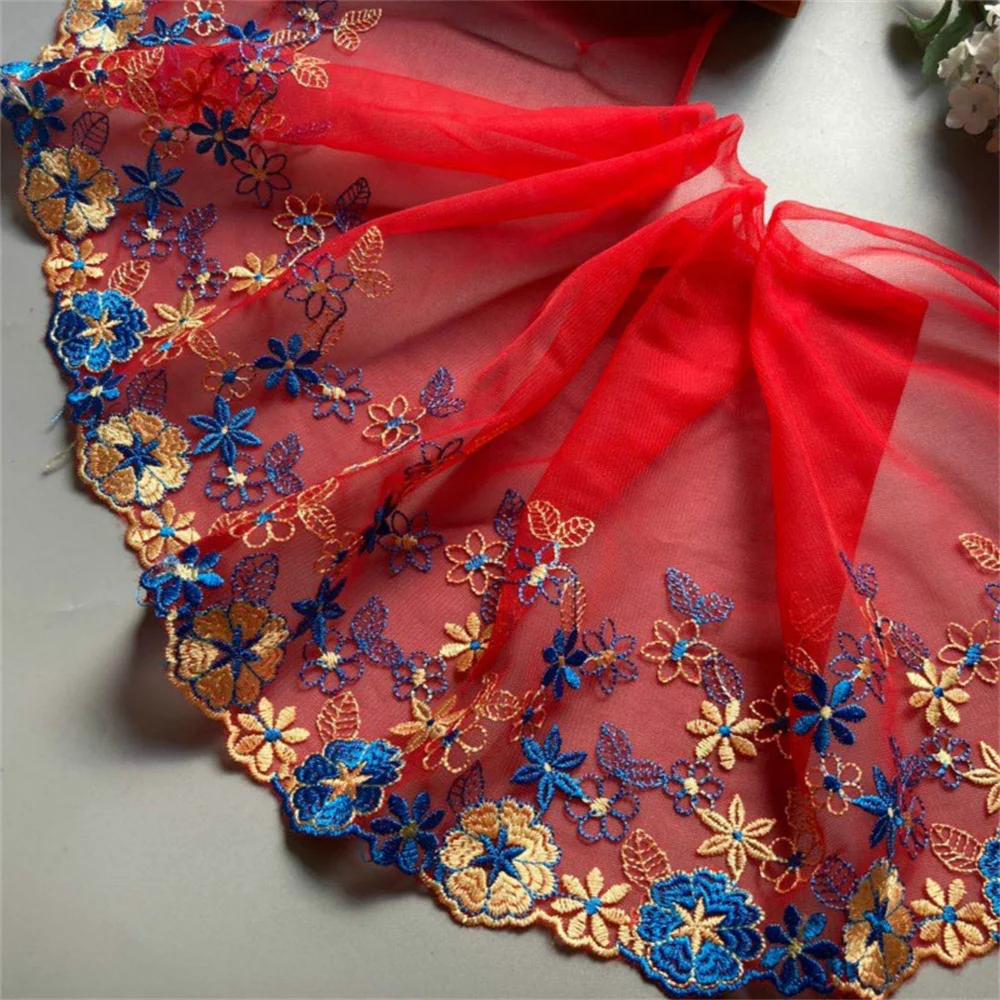 2 yards Red flower High Quality Beautiful Mesh embroidery lace Trim Handmade DIY needlework sewing Doll lace Dress lace fabric