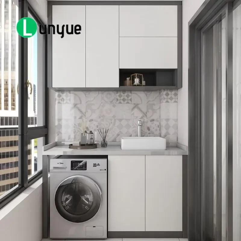 Balcony Laundry Cabinet with Sink Waterproof Storage Cupboard for Washing Machine Space Saving Bathroom Utility Room