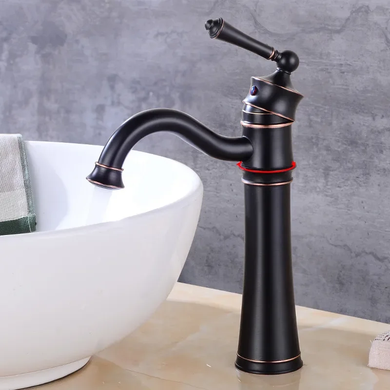 Basin Faucets Black Brass Deck Mounted Bathroom Sink Faucet High Arch Single Handle Hole Bathbasin Mixer Hot Cold Water Tap