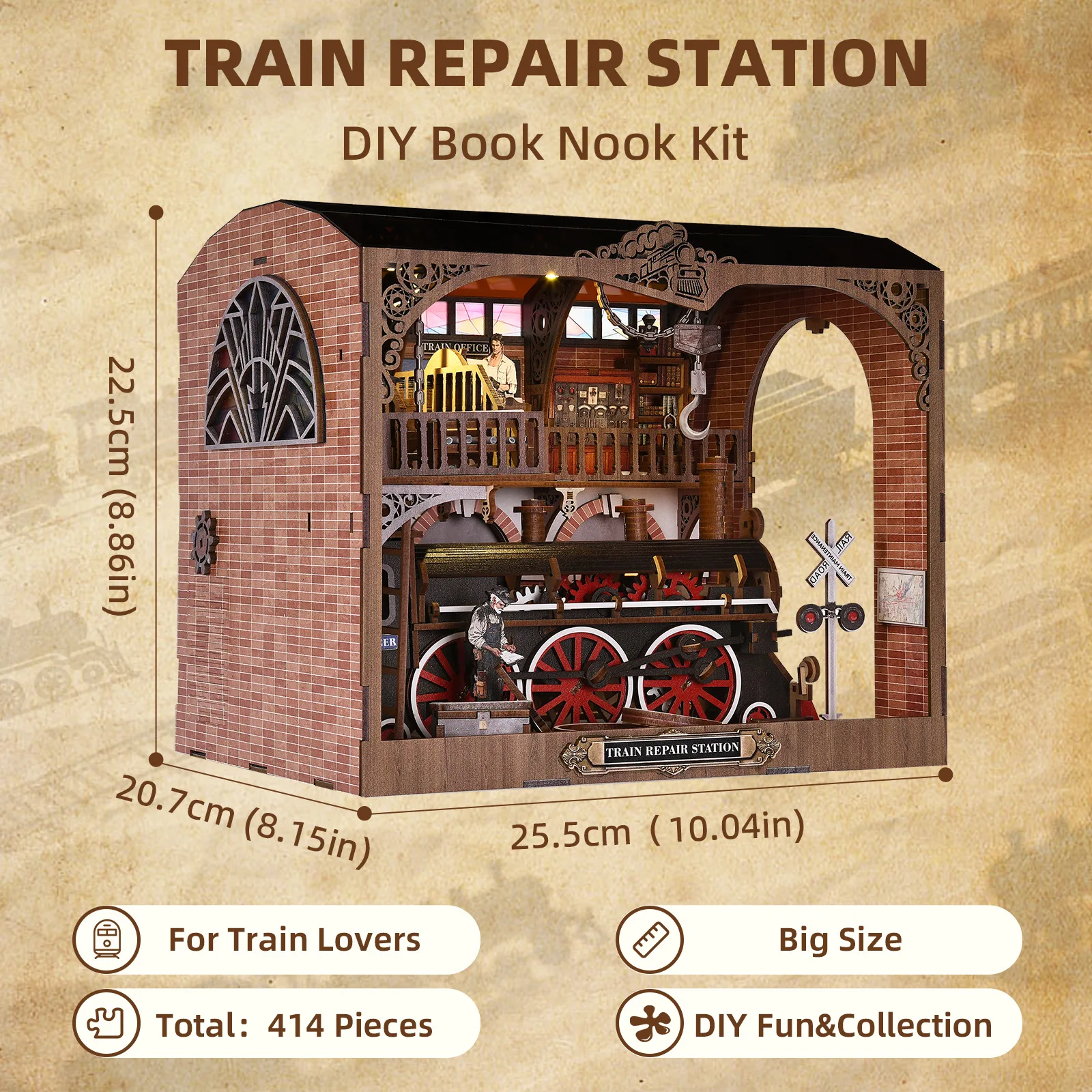 Zugreparaturstation DIY Cottage Modellhaus Mobiler Zug handmontierter Buchständer aus Holz Ornament Baustein Geschenk