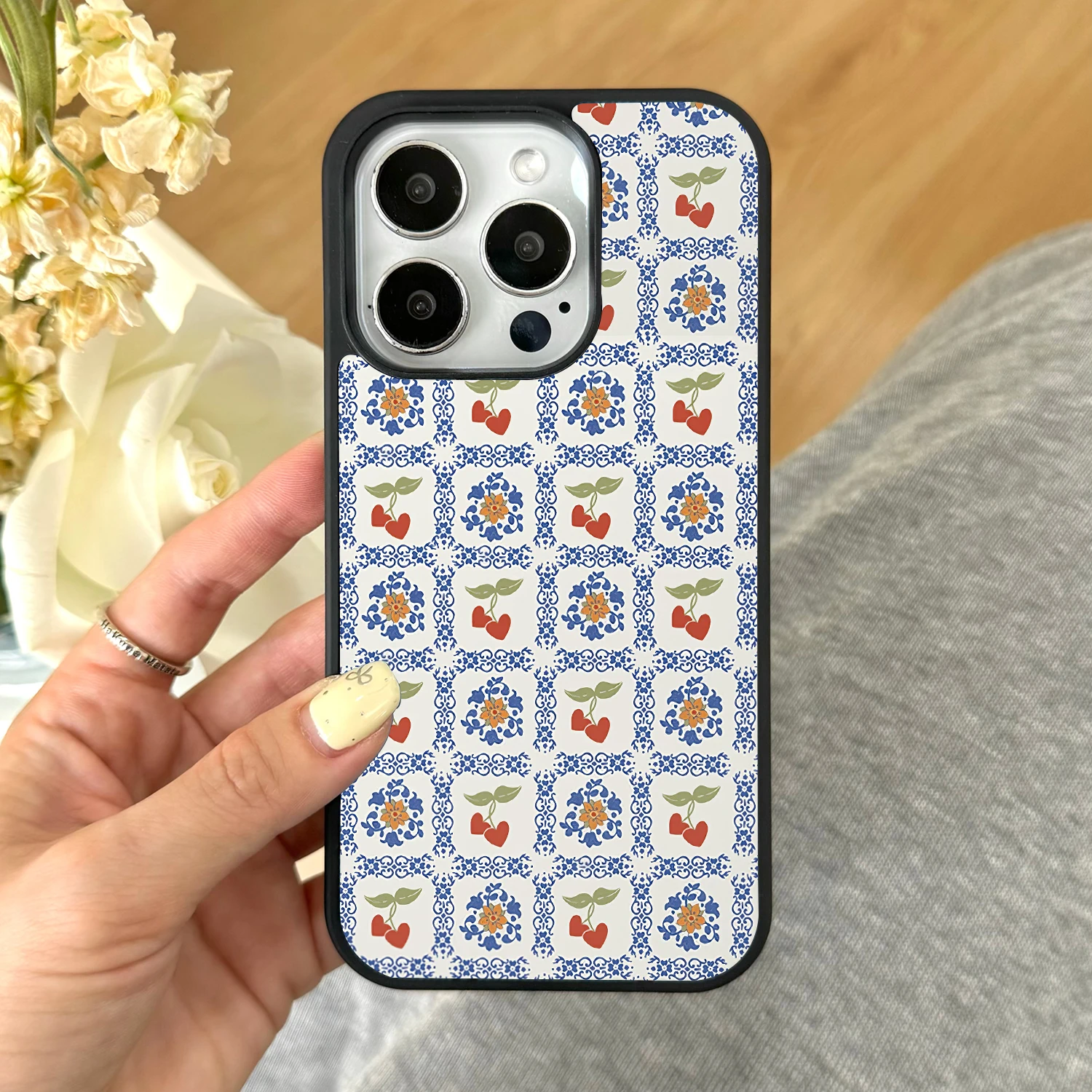 Cherry Puzzle Handyhülle für iPhone 16 15 14 Plus 13 12 11 Pro Max 16E Cover Luxus Anti Drop Funda Retro Muster Hüllen Carcasa